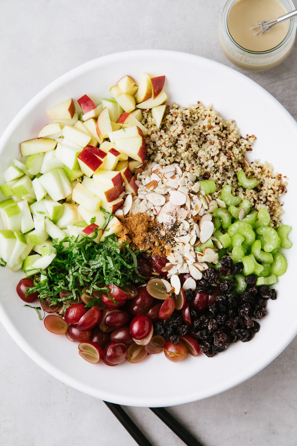 top down view of ingredients added to a bowl and ready to mix.