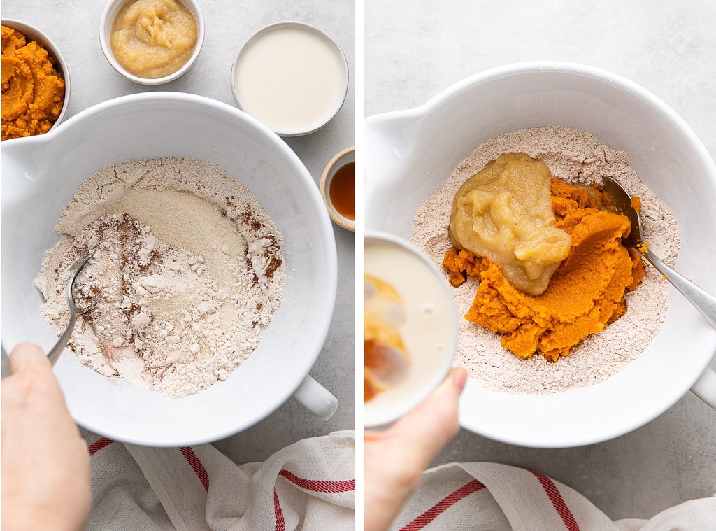 side by side photos showing the process of making pumpkin bread batter.