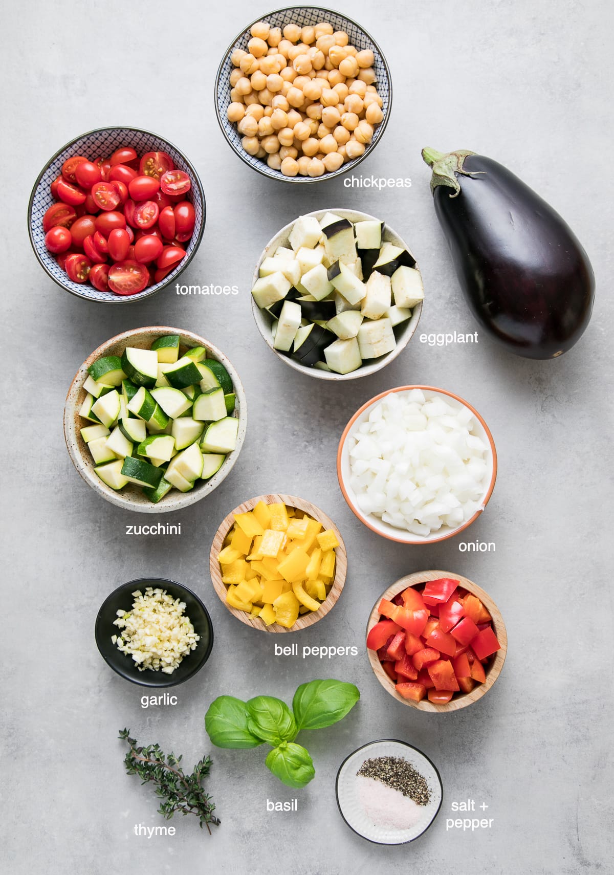 top down view of ingredients used to make chickpea ratatouille.