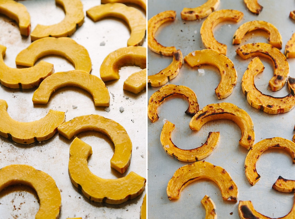 side by side photos showing the process of roasting delicata squash fries.