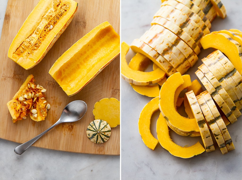 side by side photos showing the process of prepping delicata squash for roasting into squash fries.