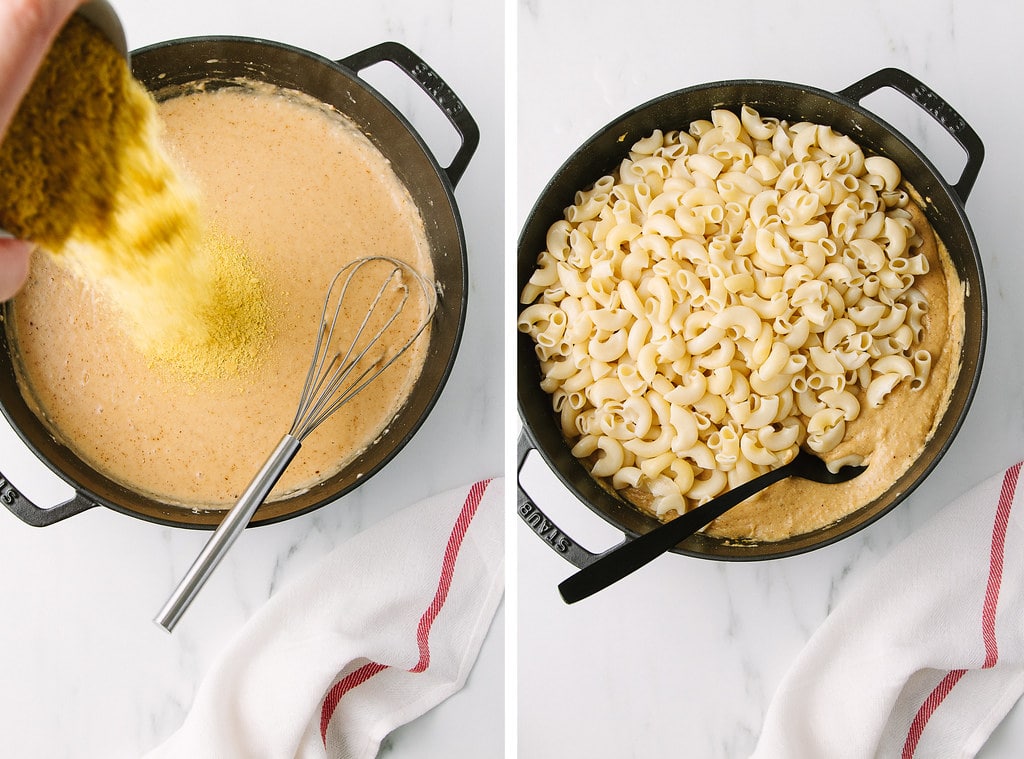 side by side showing the process of making easy mac n cheese with nutritional yeast.