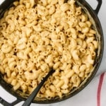 top down view of freshly spicy made vegan mac and cheese recipe with nutritional yeast.