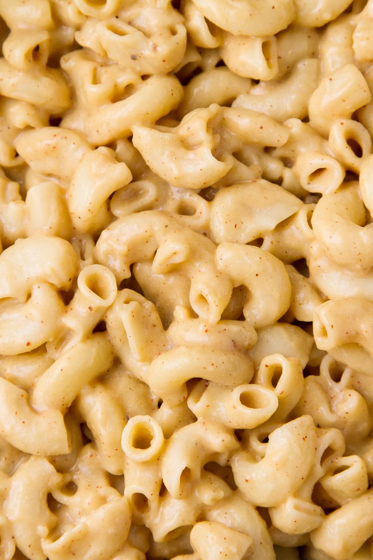 top down, up close view of spicy vegan mac n cheese.