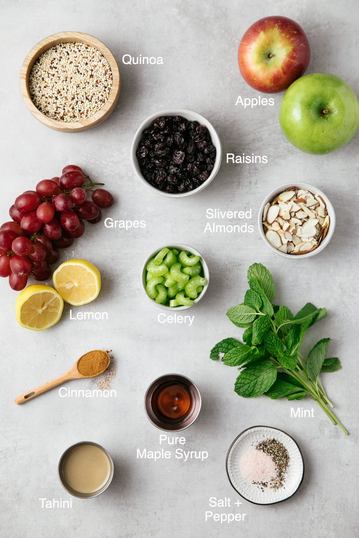 top down view of the ingredients used to make apple quinoa salad.