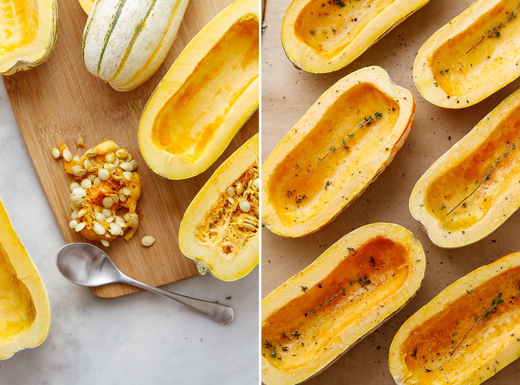 side by side photos showing the process of prepping delicata squash for roasting.