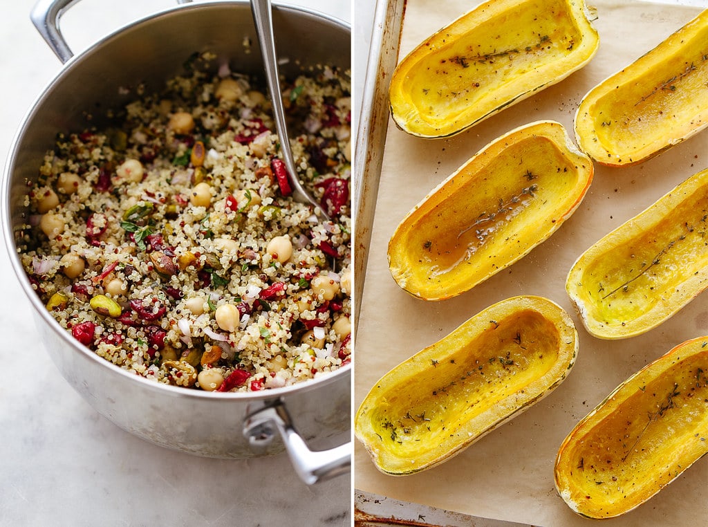 side by side photos of stuffed delicata stuffing and roasted squash.