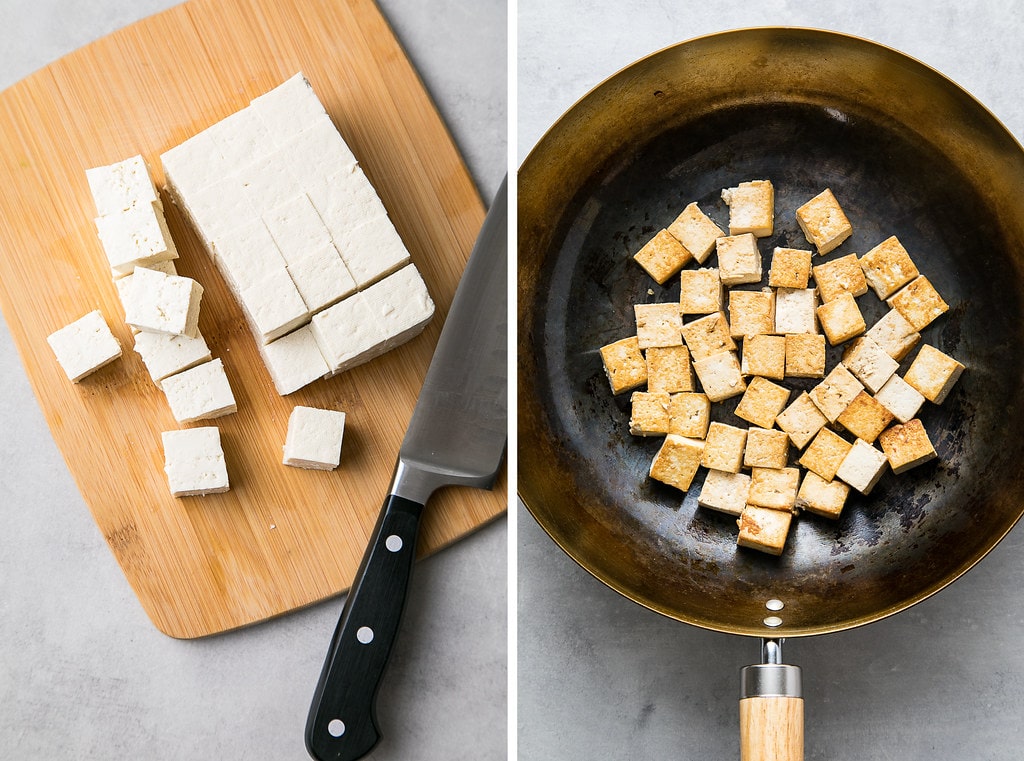 side by side photos showing the process of cutting and cooking tofu.