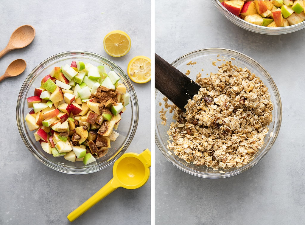 side by side photos showing the process of making quick and easy apple pear crisp.