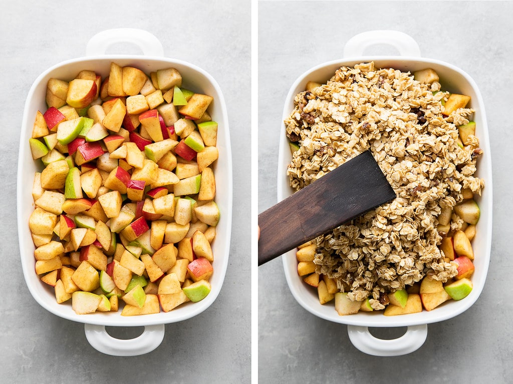 side by side photos showing the process of making quick and easy apple pear crisp.