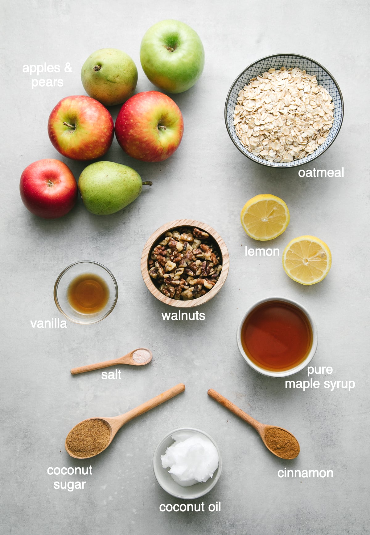 top down view of ingredients used to make healthy, vegan apple pear crisp.