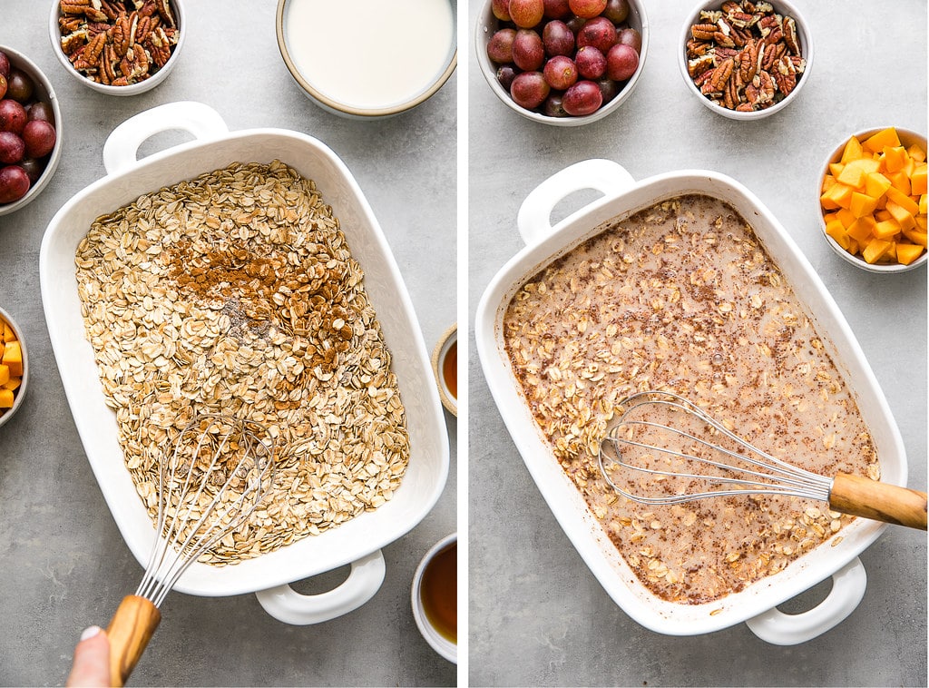 side by side photos showing the process of making healthy baked oatmeal.