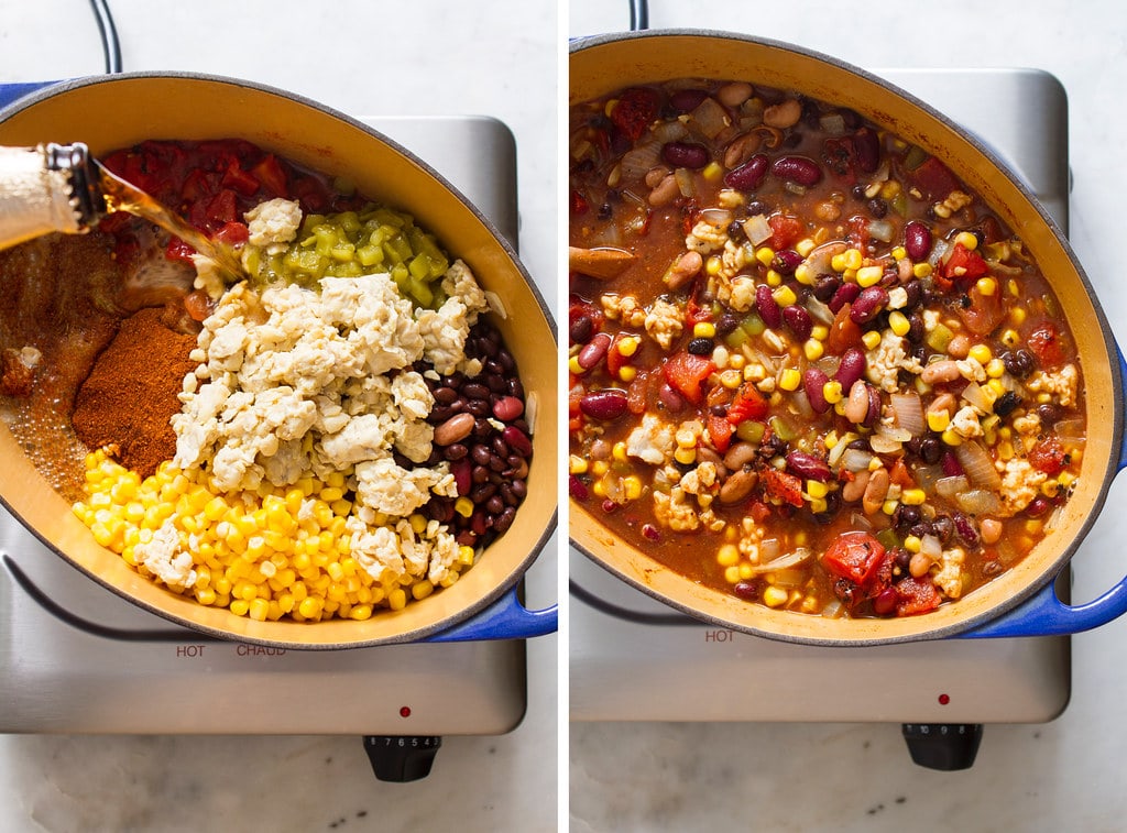 side by side photos showing the process of making tempeh chili.