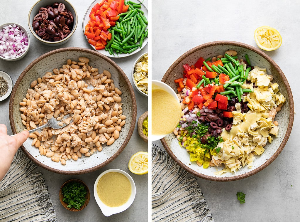 side by side photos showing the process of making vegetarian nicoise salad for pan bagnat. 