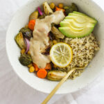 roasted vegetable & chickpea bowl with lemony cannellini sauce.