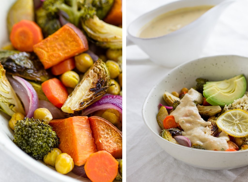 side by side photos of roasted veggies in a bowl and the other with cannellini sauce over top.