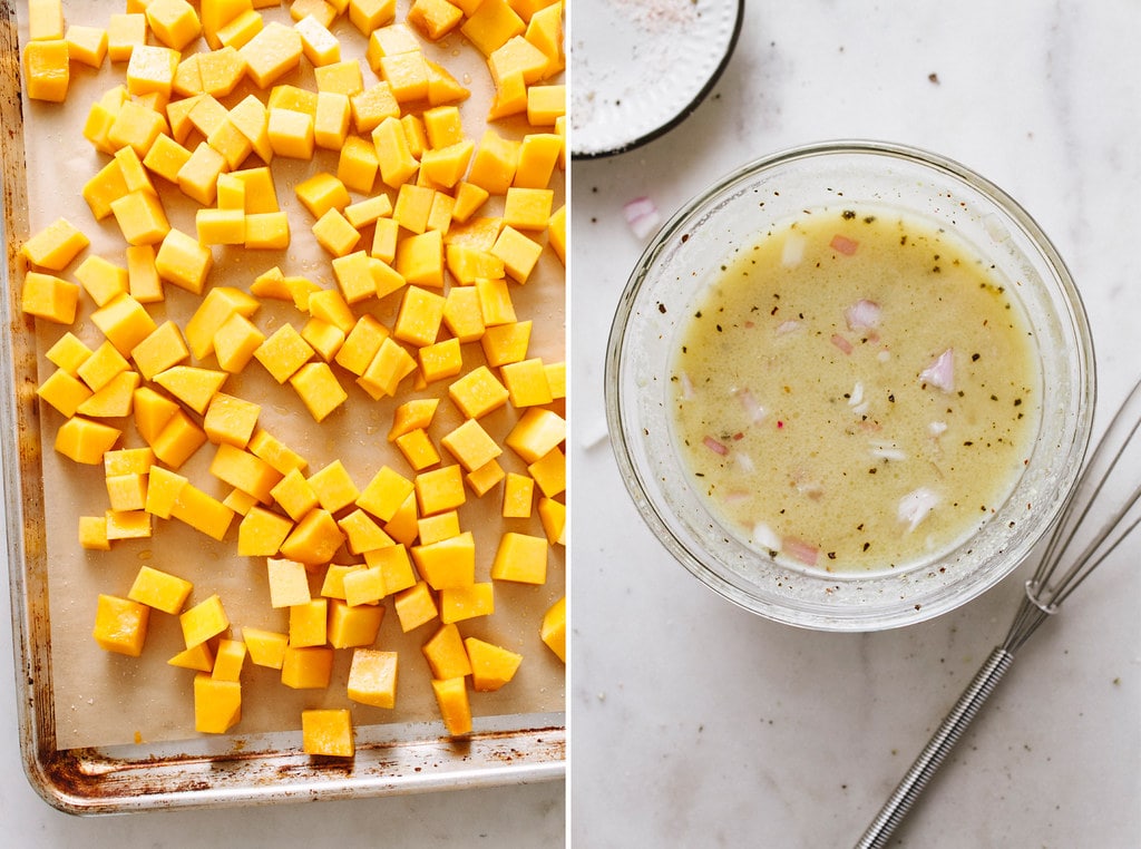 side by side photos of cubed butternut squash on baking sheet and shallot vinaigrette in a small glass mixing bowl.