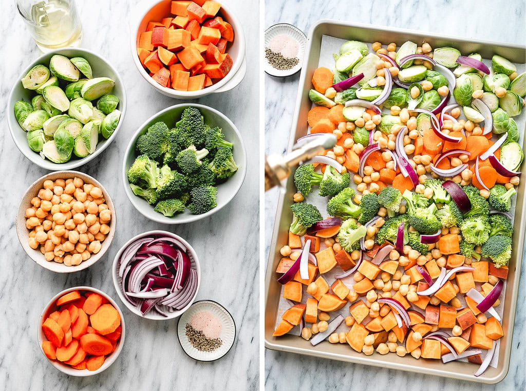 side by side photos showing the process of making roasted veggie bowl.