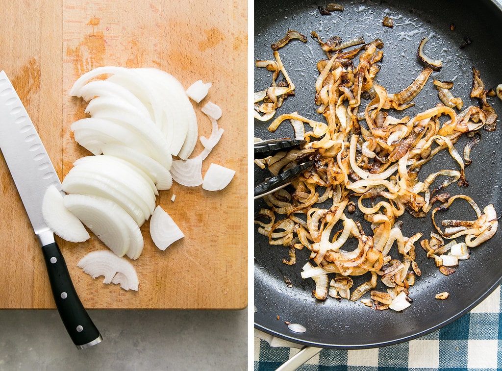 side by side photos showing the process of making sauteed onions.