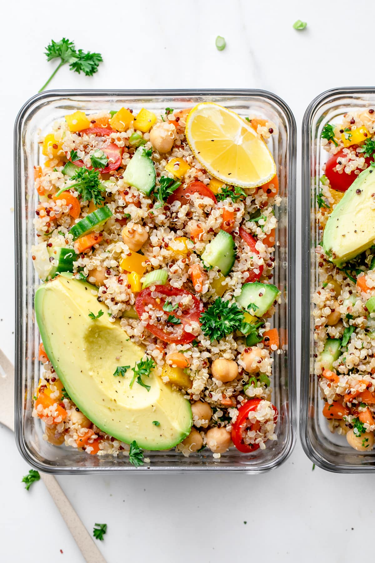 top down view of meal prepped lemon quinoa chickpea salad.