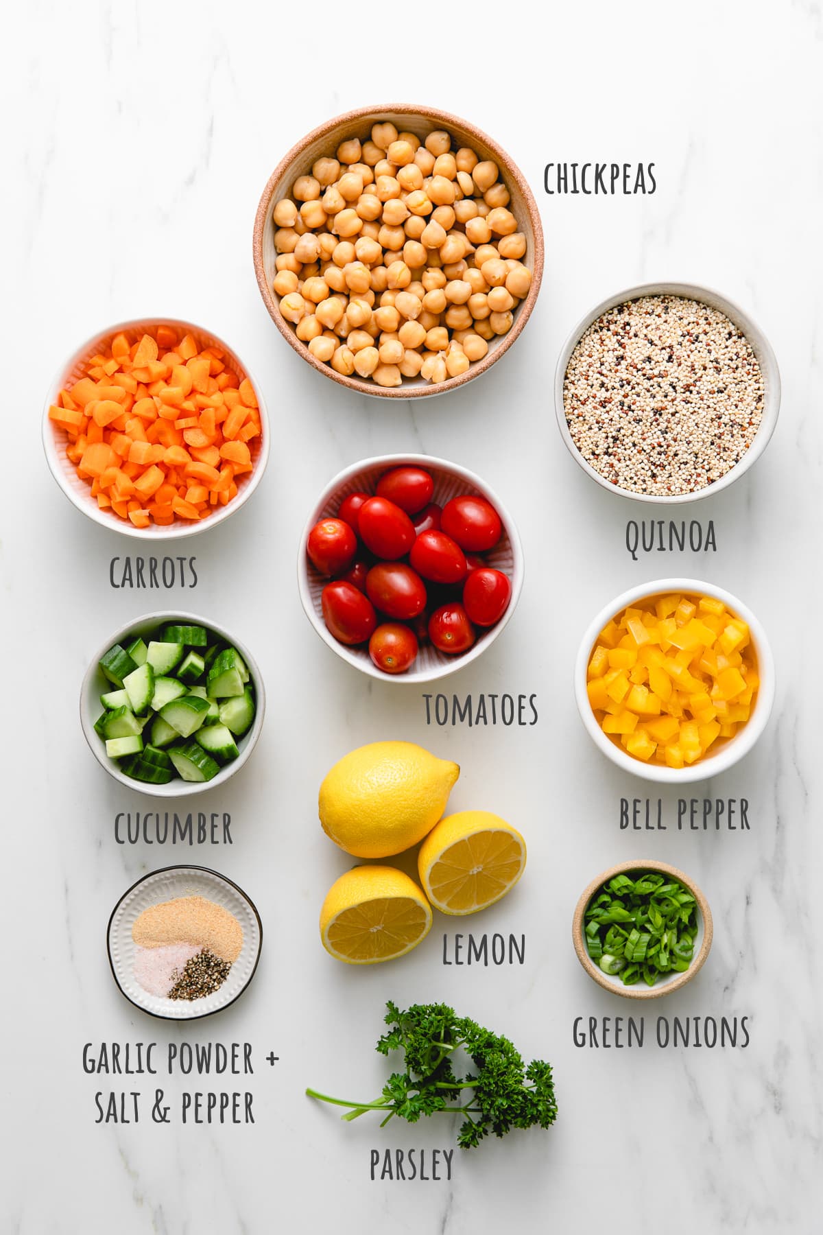 top down view of ingredients used to make healthy vegan lemon quinoa chickpea salad.
