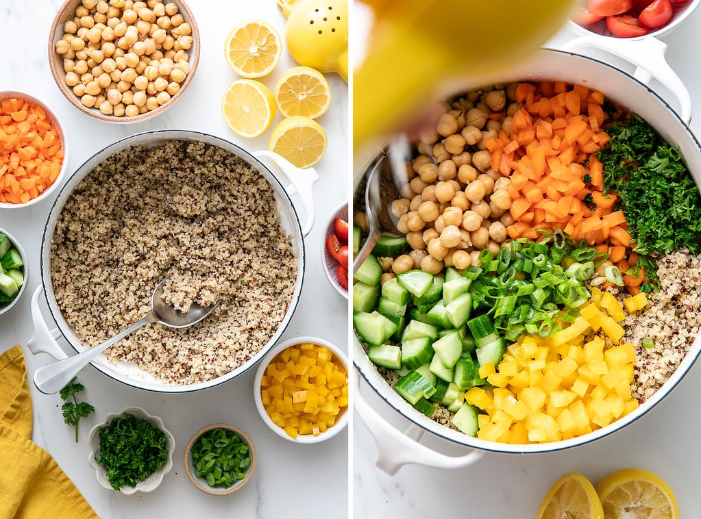 side by side photos showing the process of assembling lemon chickpea quinoa salad.