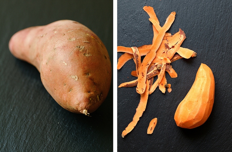 head on view of sweet potato being prepped.