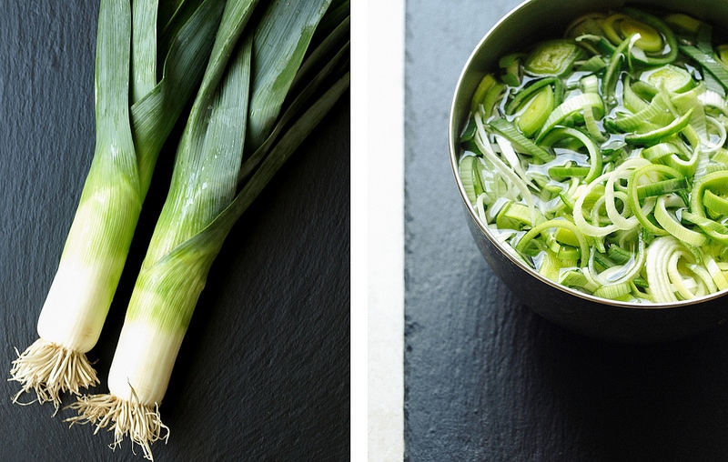 side by side photos of leeks being prepped.