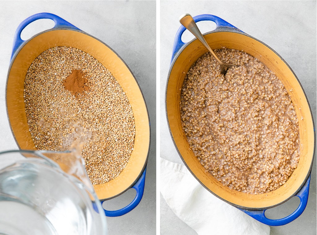 side by side photos showing the process of making overnight steel cut oats in a pot.