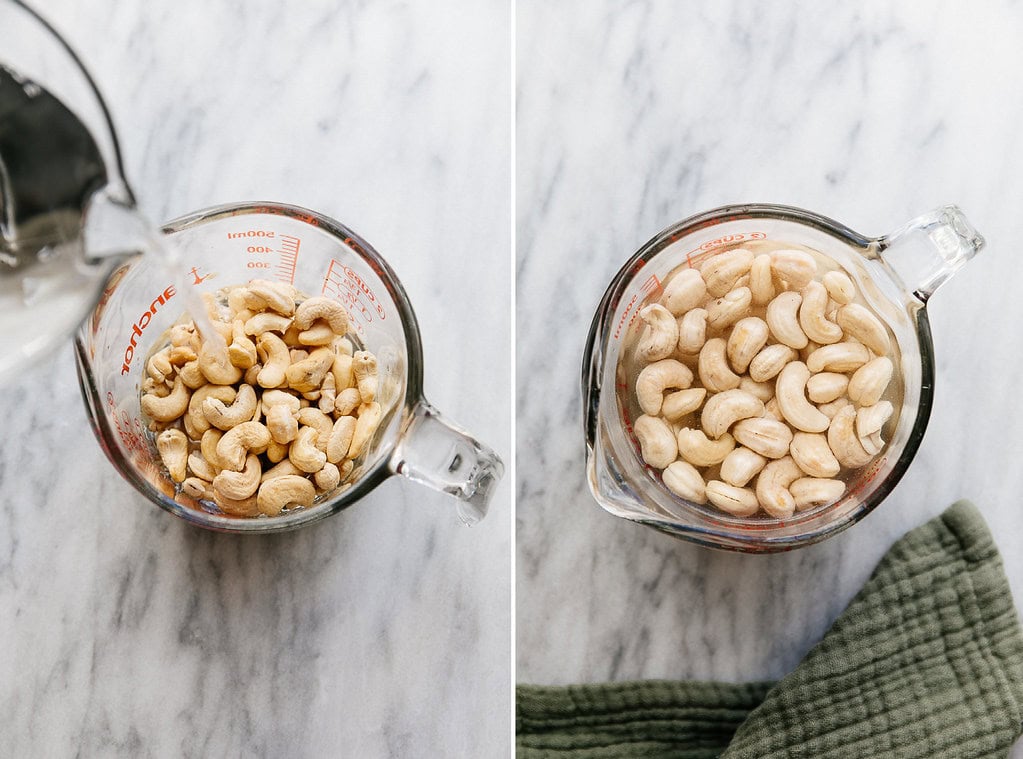 side by side process shots of before and after soaking cashews in a cup.