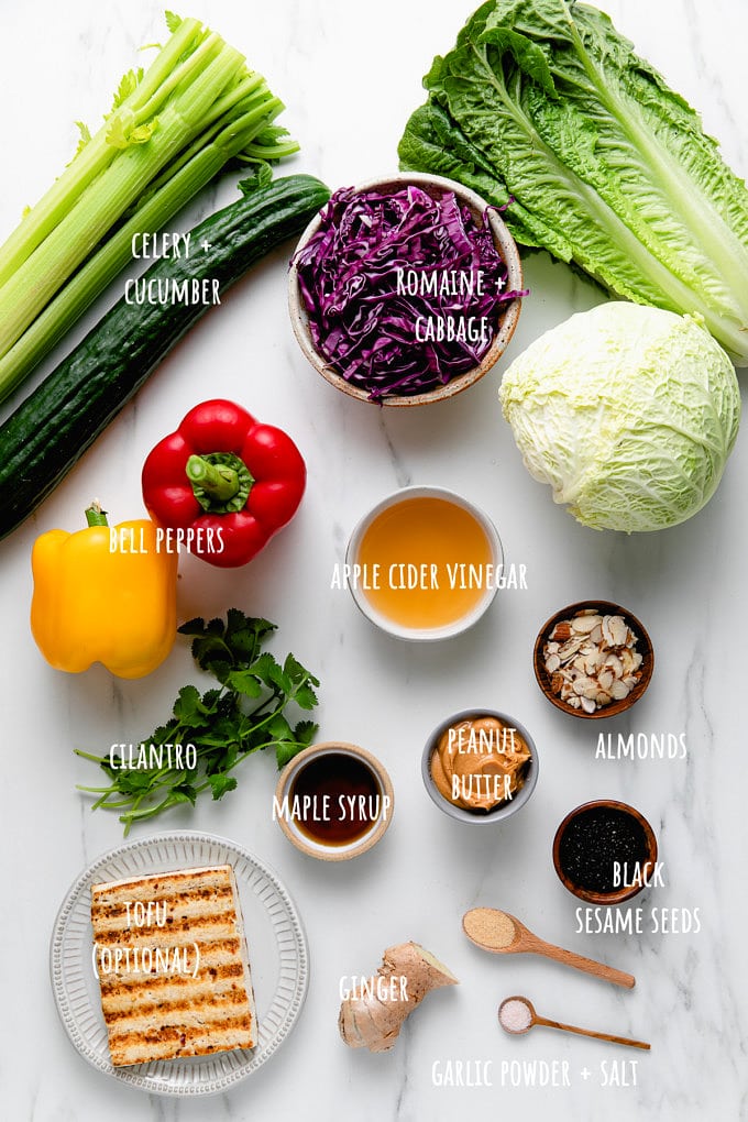 top down view of ingredients used to make Asian chopped salad recipe.