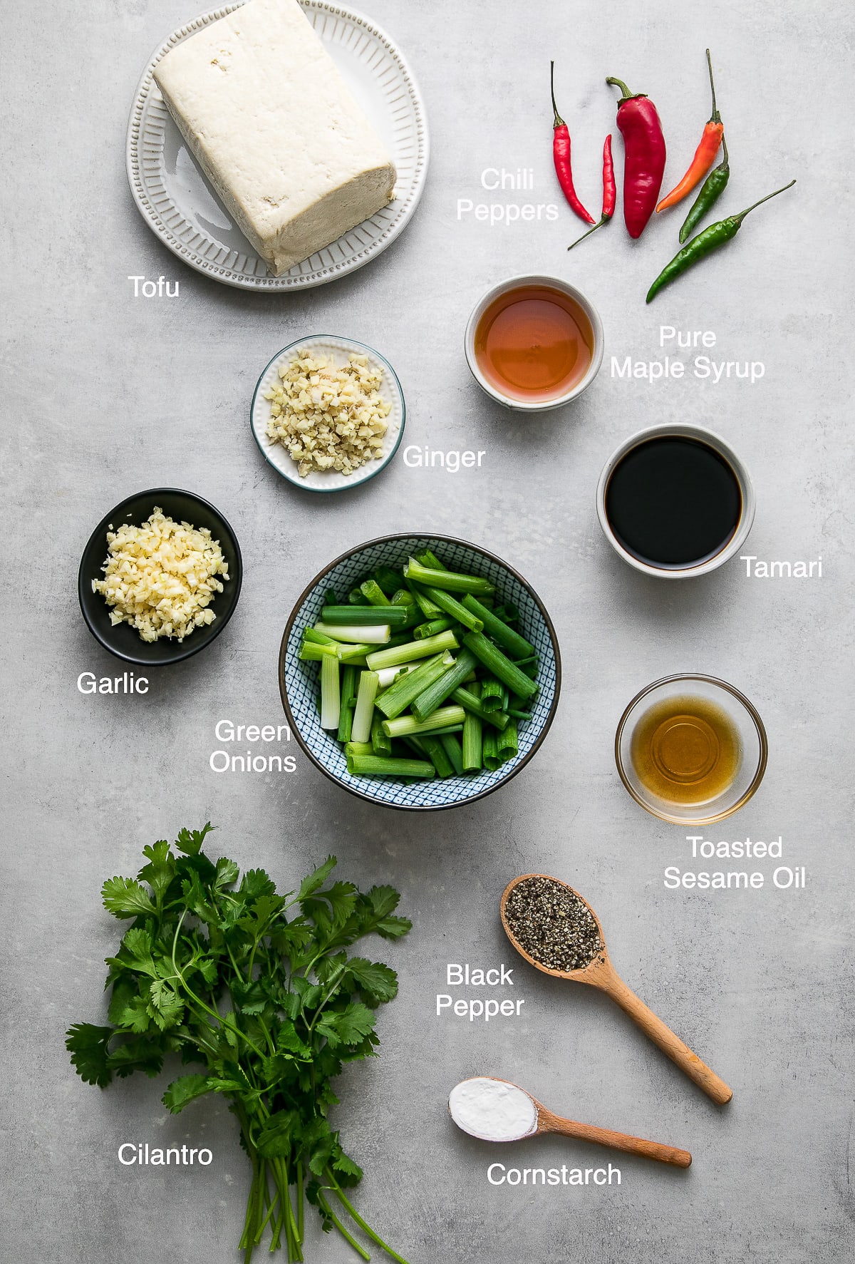 top down view of ingredients used to make black pepper tofu.