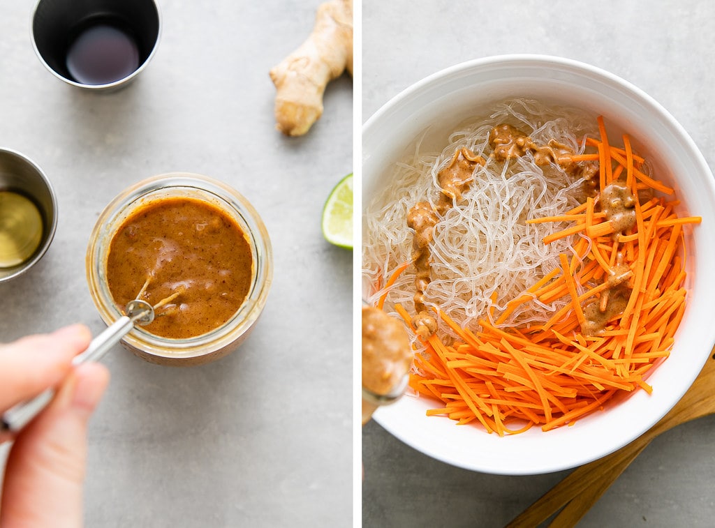 side by side photos showing the process of making kelp salad noodle salad with peanut dressing.