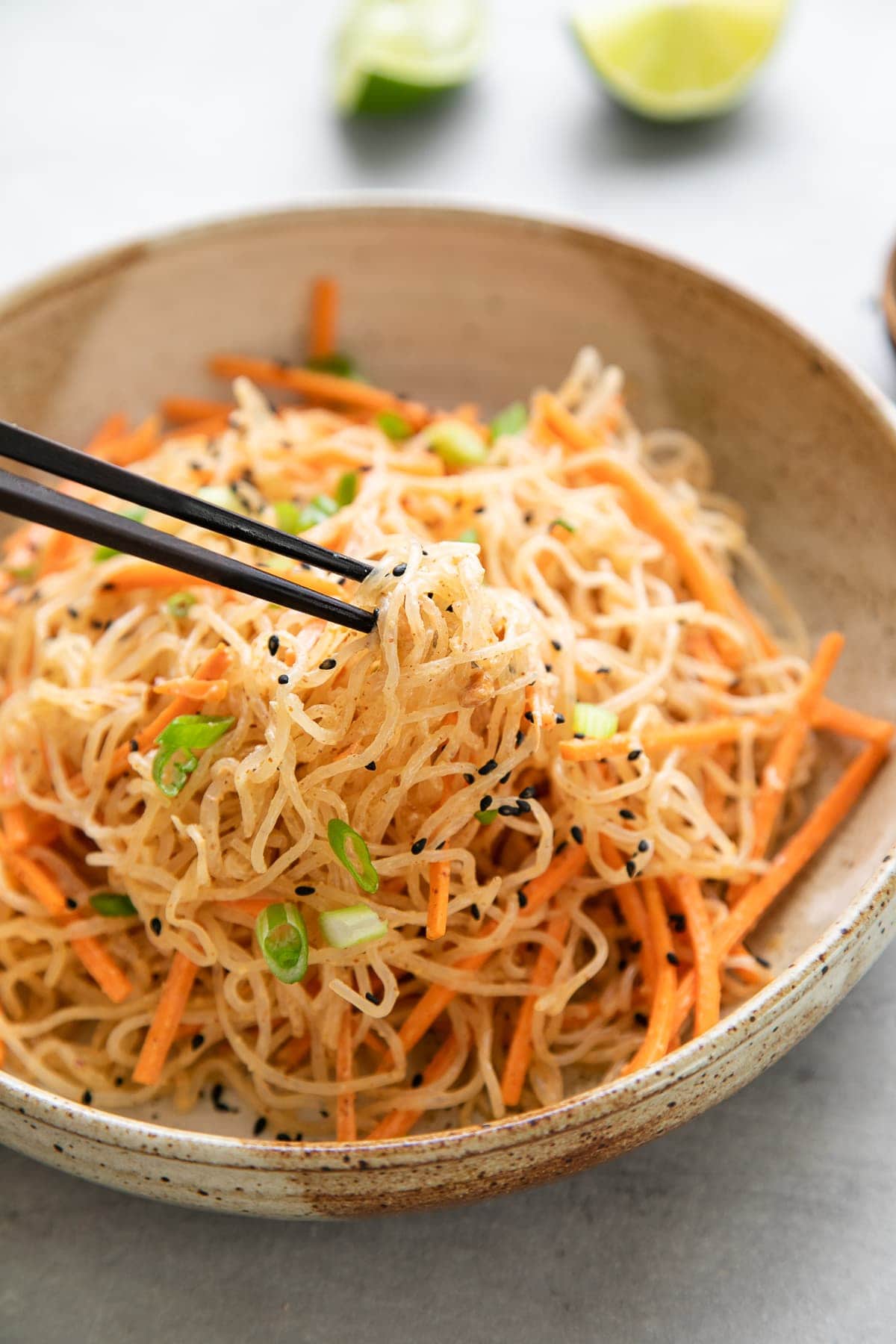 side angle view of serving of kelp noodle salad in bowl with chopsticks holding noodles.
