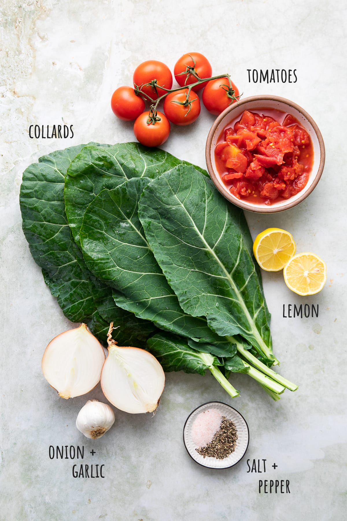 top down view of ingredients used to make vegan collard greens.