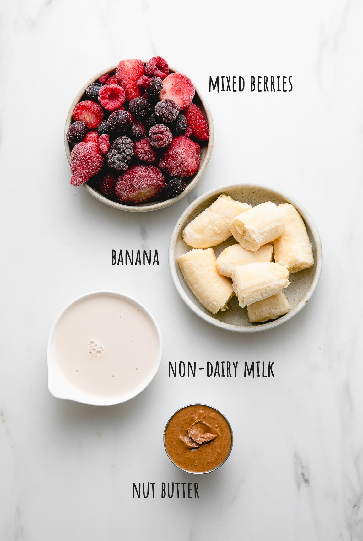 top down view of healthy ingredients used to make the best smoothie bowl recipe.