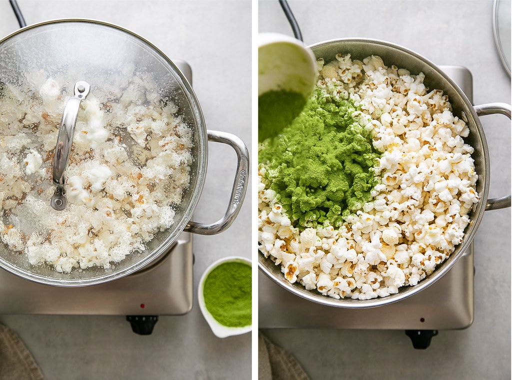 side by side photos showing the process of making green matcha popcorn on the stovetop.