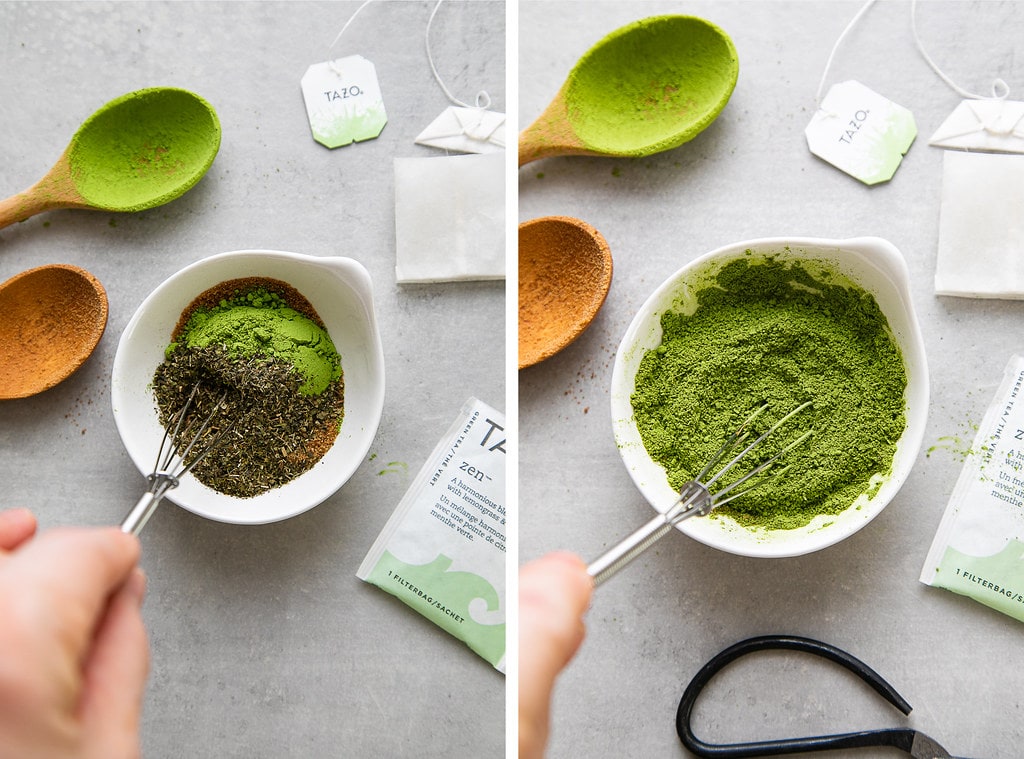 side by side photos showing the mixing of green matcha tea, sugar and zen tea bag ingredients in a small bowl.