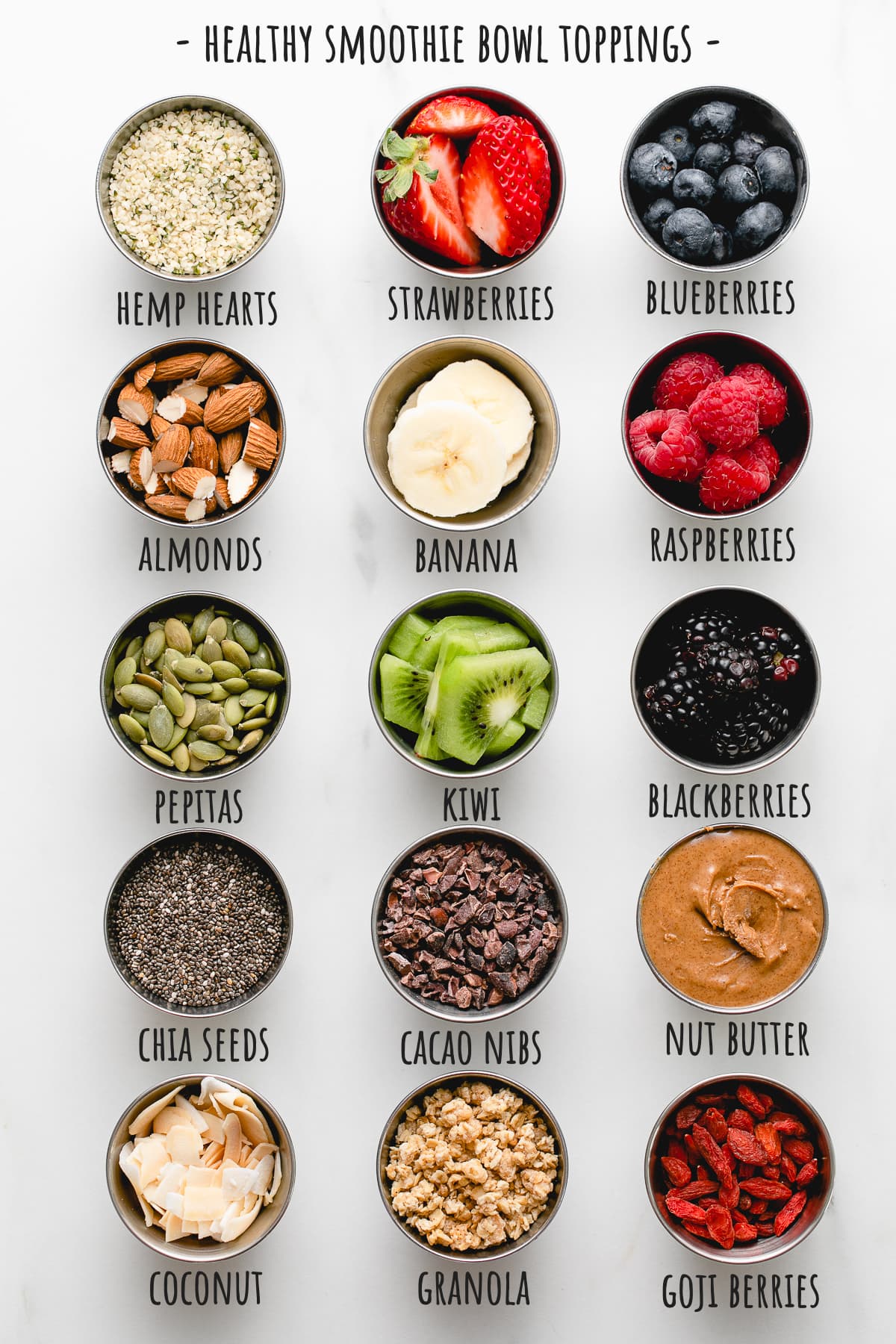 top down view of healthy smoothie bowl toppings.