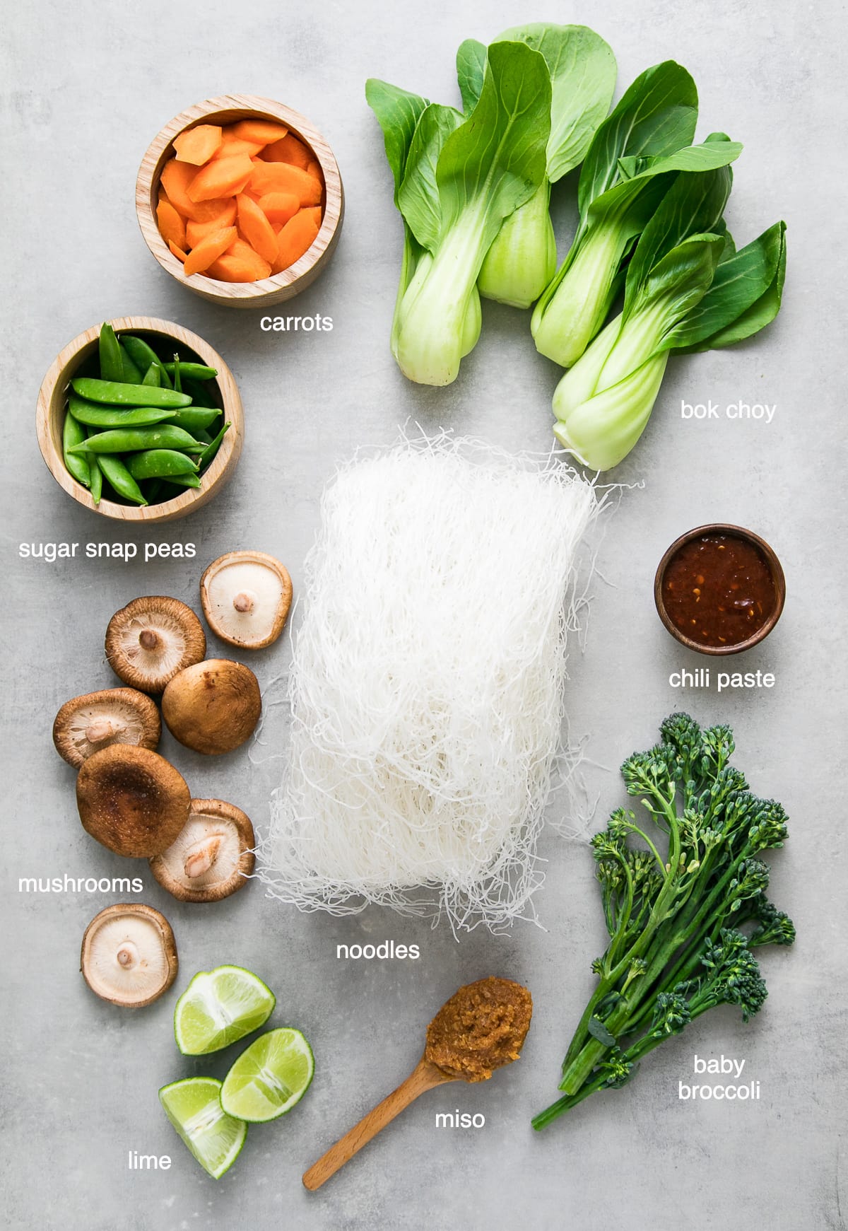 top down view of ingredients used to make miso noodle bowl recipe.