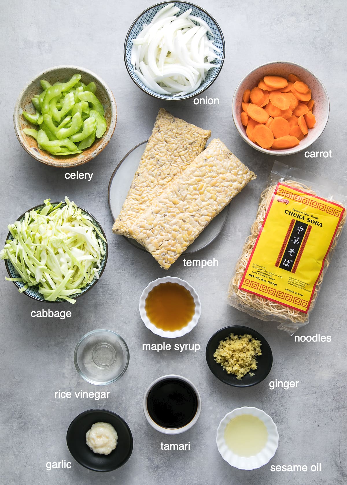 top down view of ingredients used to make tempeh chow mein recipe.