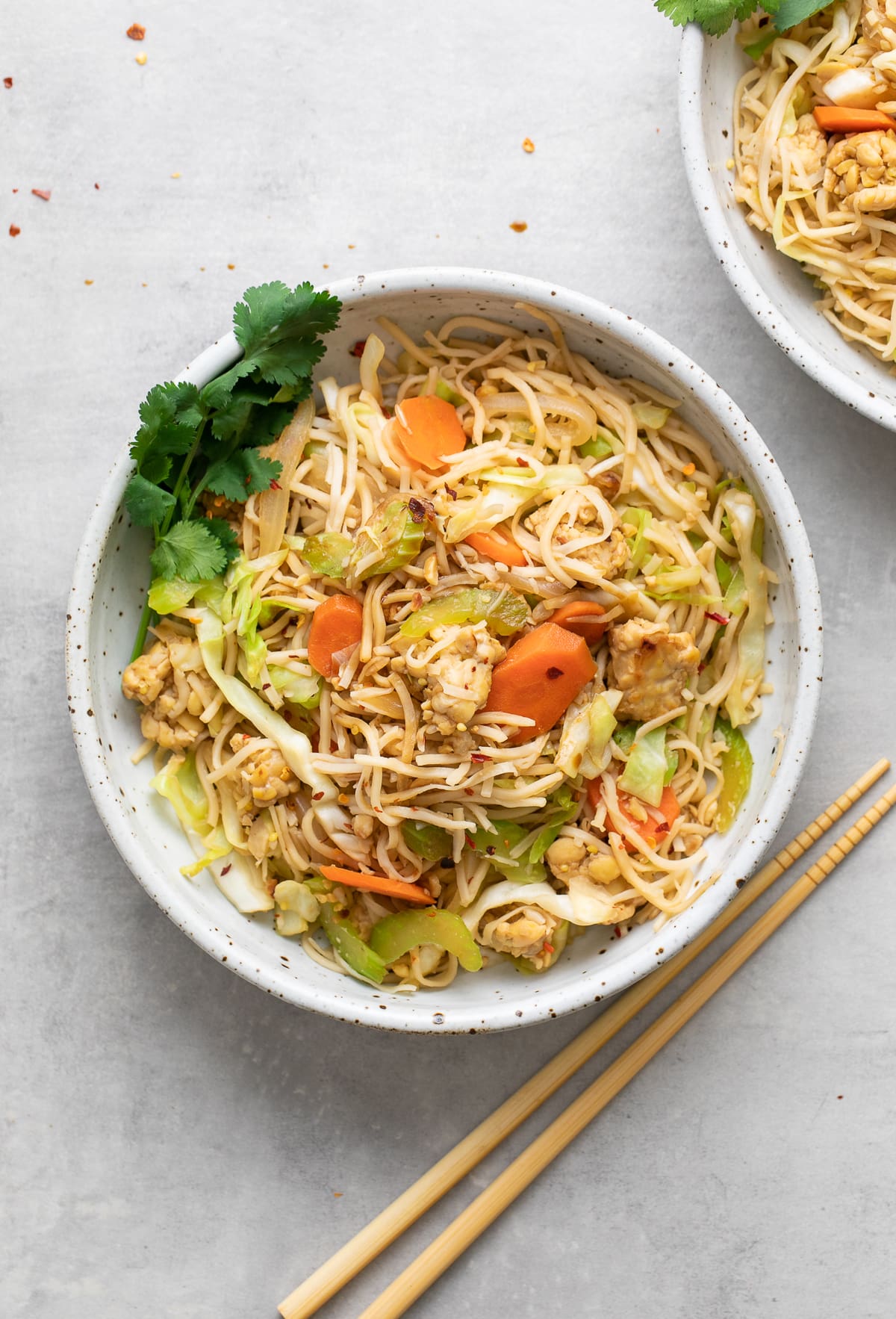 top down view of bowl with serving of healthy tempeh chow mein with items surrounding.