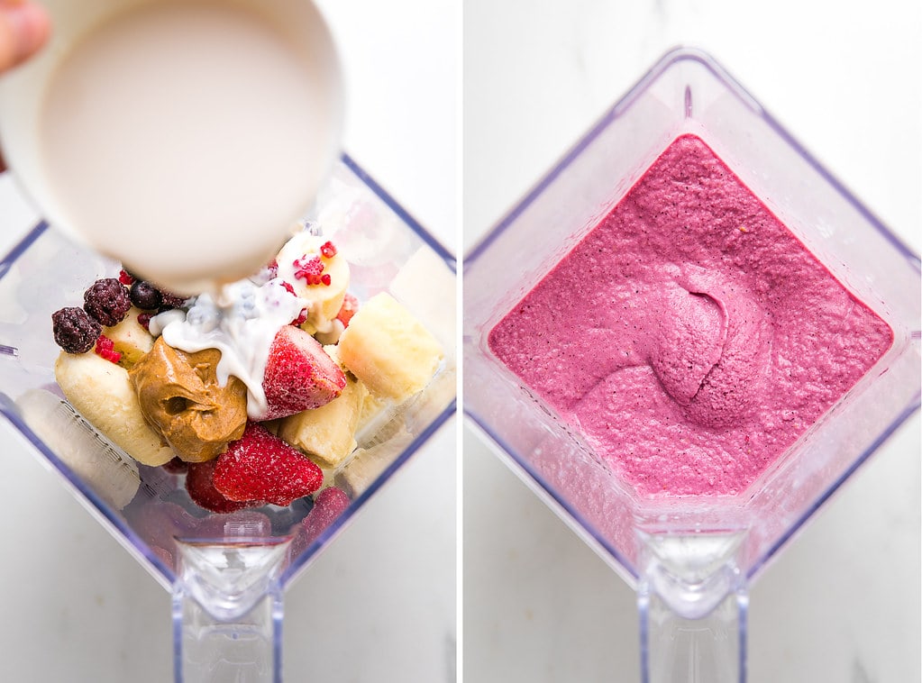 side by side photos showing the process of making a smoothie in a blender.