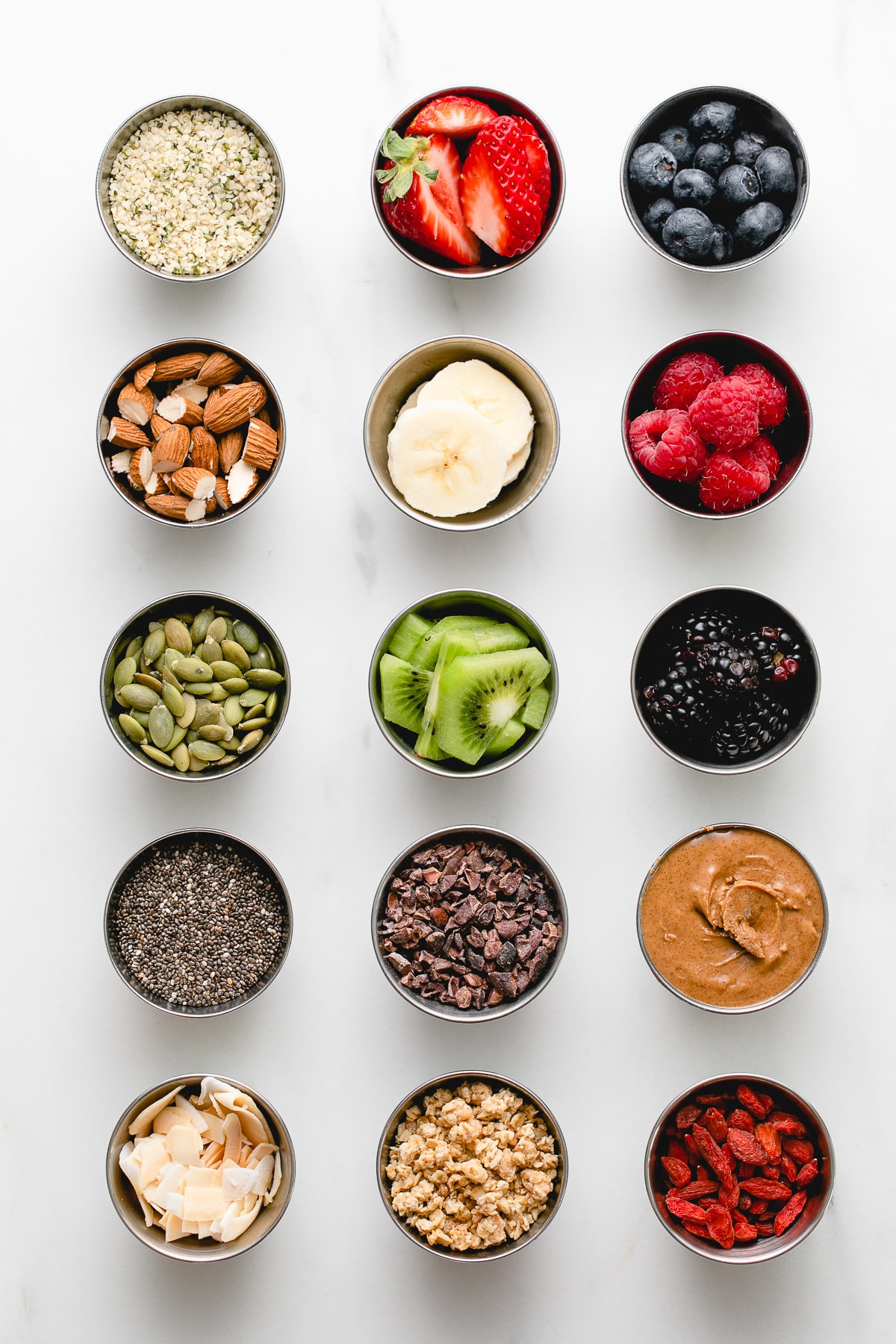 top down view of healthy smoothie bowl toppings.
