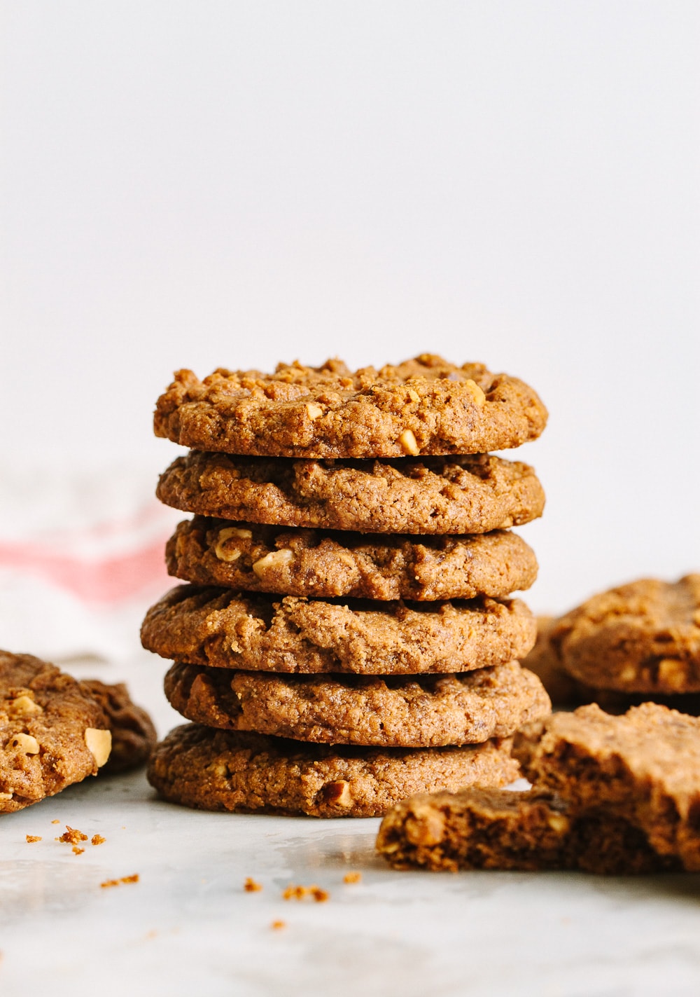 head on view of stacked healthy almond butter cookies.