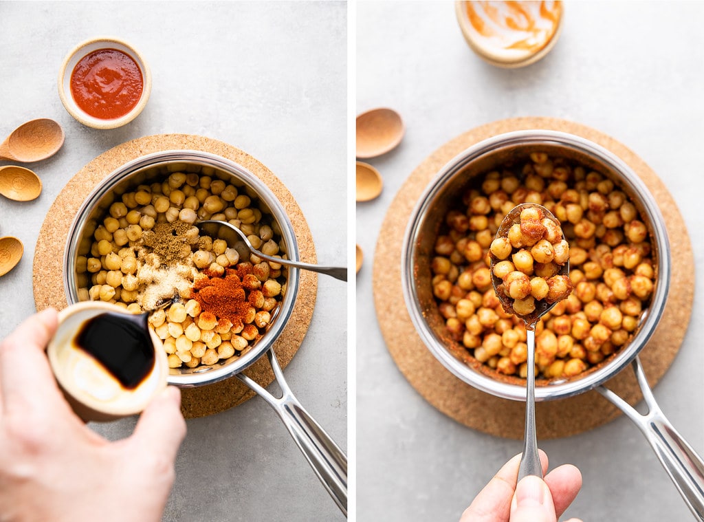 side by side photos showing the process of making buffalo chickpeas in a sauce pan.