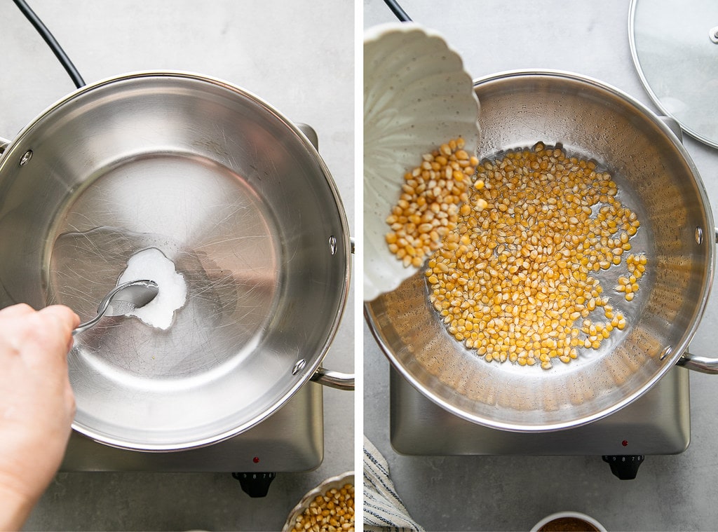 side by side photos showing the process of making stovetop popcorn.