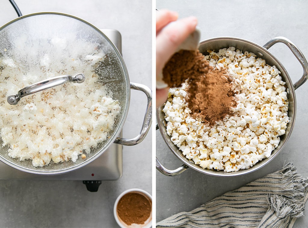 side by side photos showing the process of making chocolate popcorn on the stovetop.