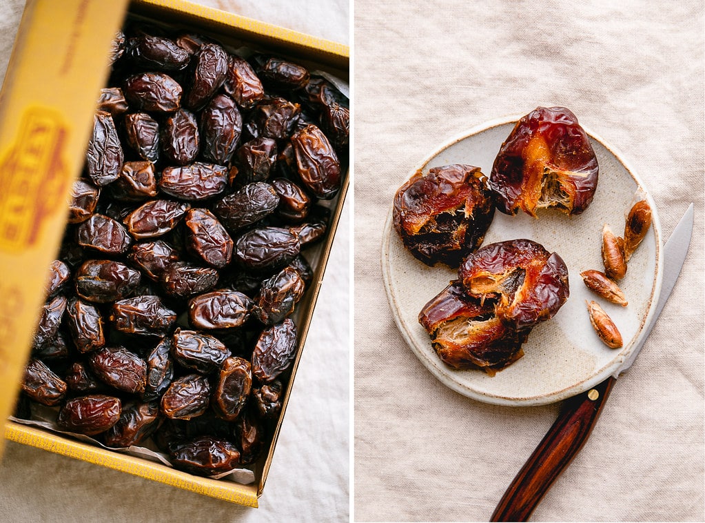 side by side photos of dates in a box and pitted on a plate.