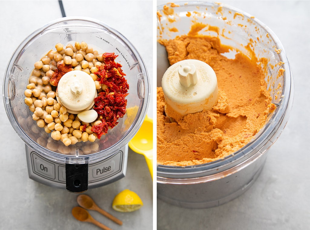 side by side photos showing the process of making sun-dried tomato hummus in food processor.